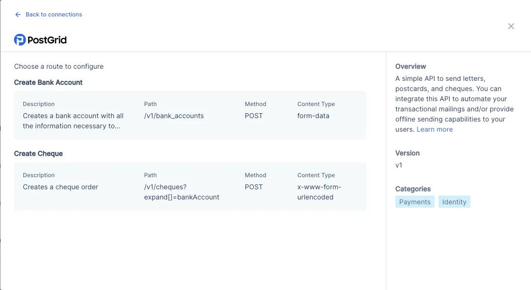 Skyflow’s prebuilt Connection for PostGrid, in Skyflow Studio. You can create a bank account, or create a check (or cheque) while protecting data privacy.