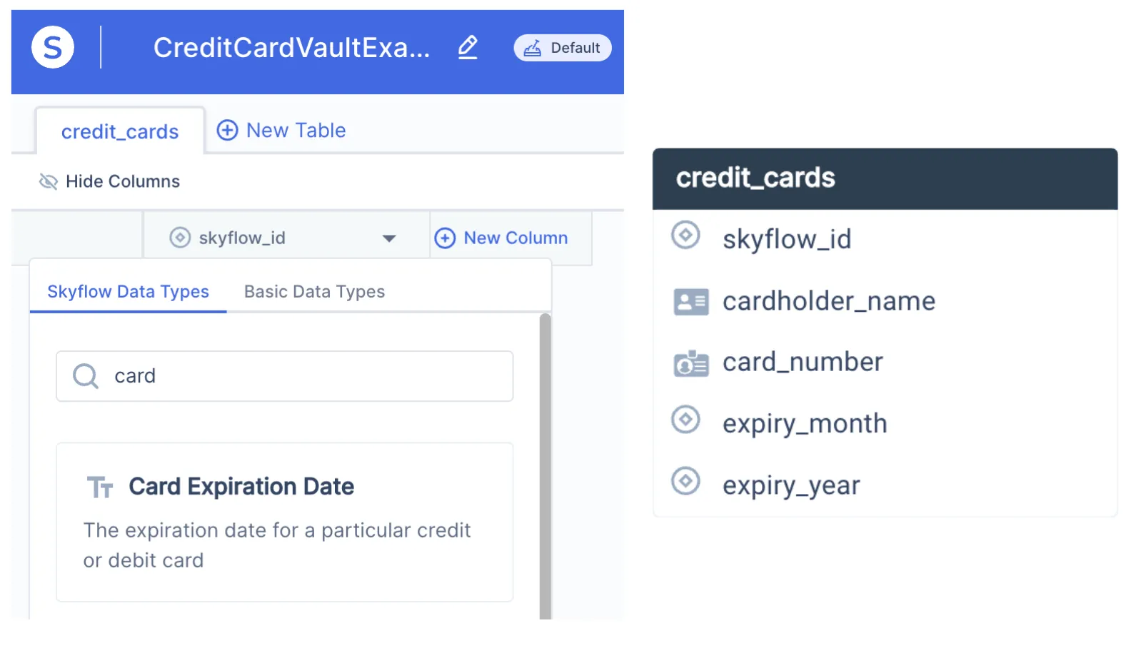 Example of a Simple Payment Vault Schema in Skyflow
